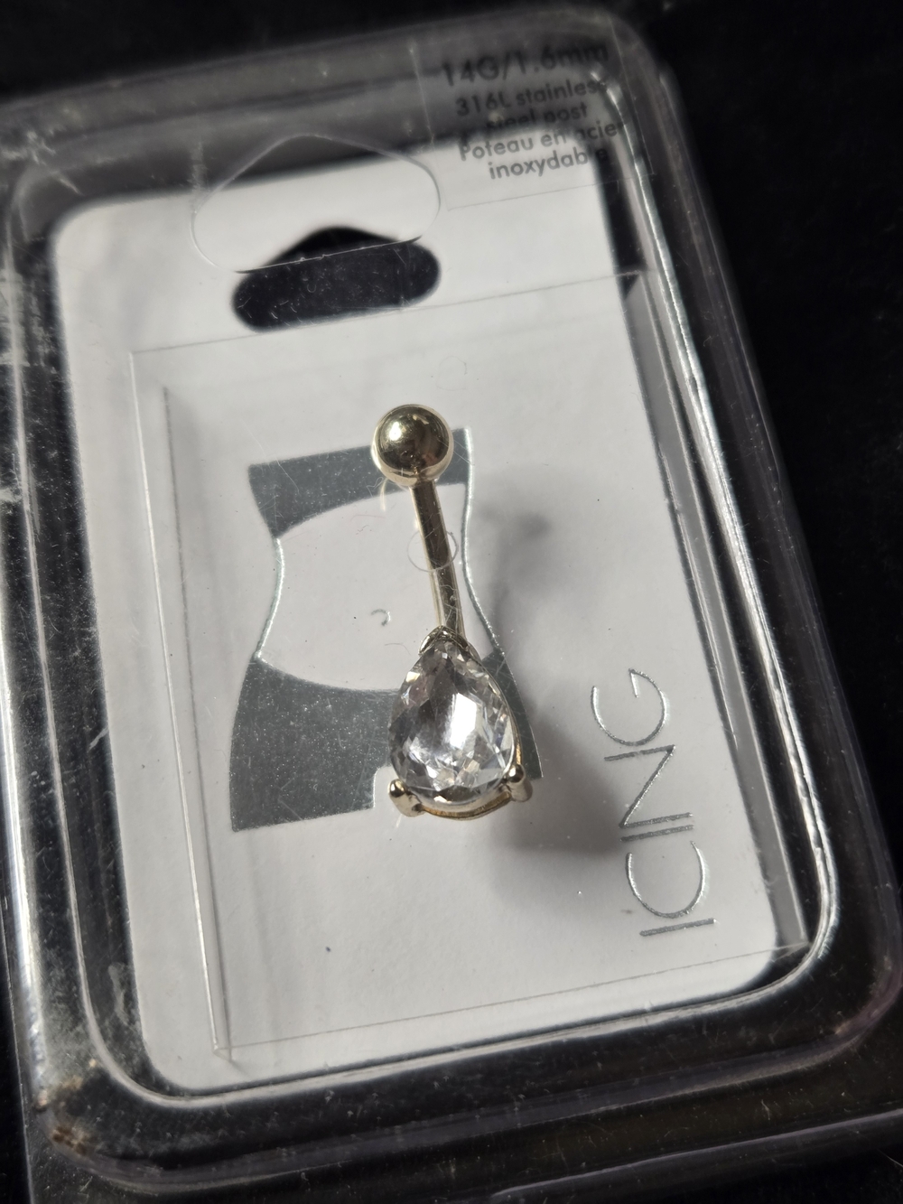 14G Gold-Tone Stainless Steel Belly Ring with Gem NEW/SEALED